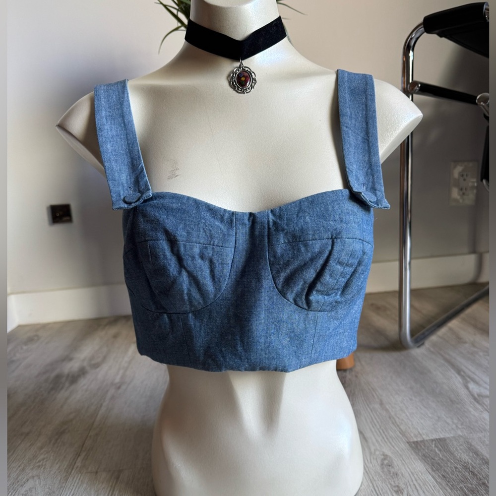 Elle Sasson Denim Cotton Chambray Picnic Bustier Crop Tank Top Small